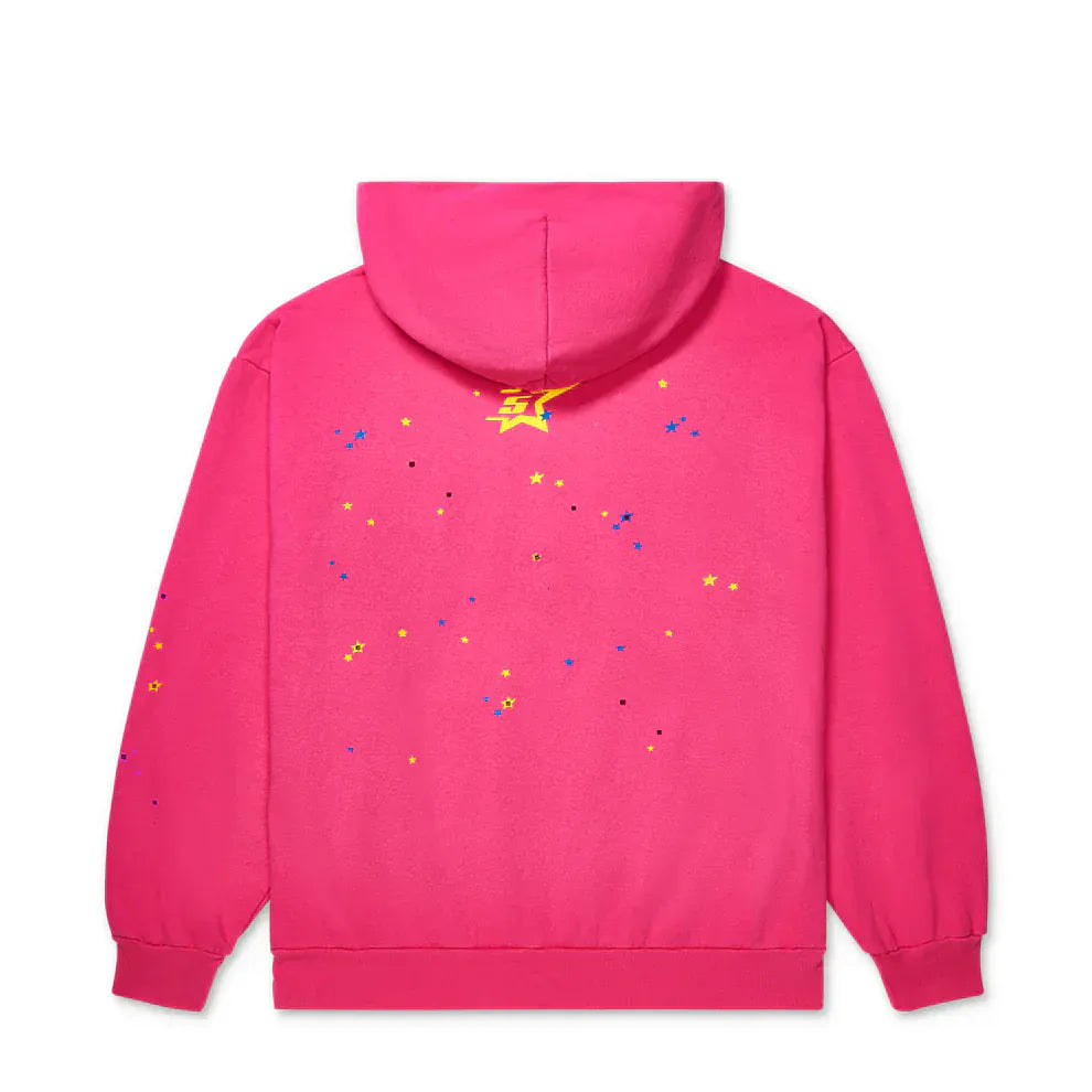 The Sp5der “Nevermind the Punk” Hoodie in Hot Pink is a 440GSM heavyweight pullover, shown from the back with small yellow stars, blue dots, and a yellow graphic near the neck for ultimate Y2K punk streetwear vibes.