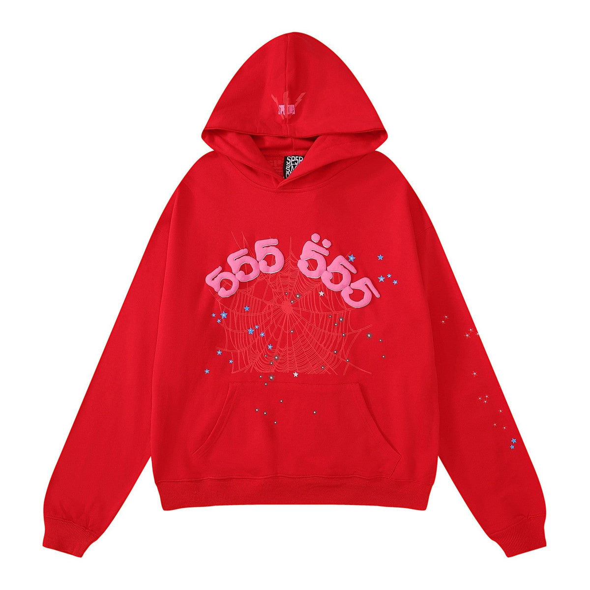 The Red 555 Sp5der Hoodie – Red & Pink is a 440GSM heavyweight oversized streetwear pullover featuring pink “555” text, a web graphic, small stars, and a front kangaroo pocket—ideal for bold Y2K vibes.