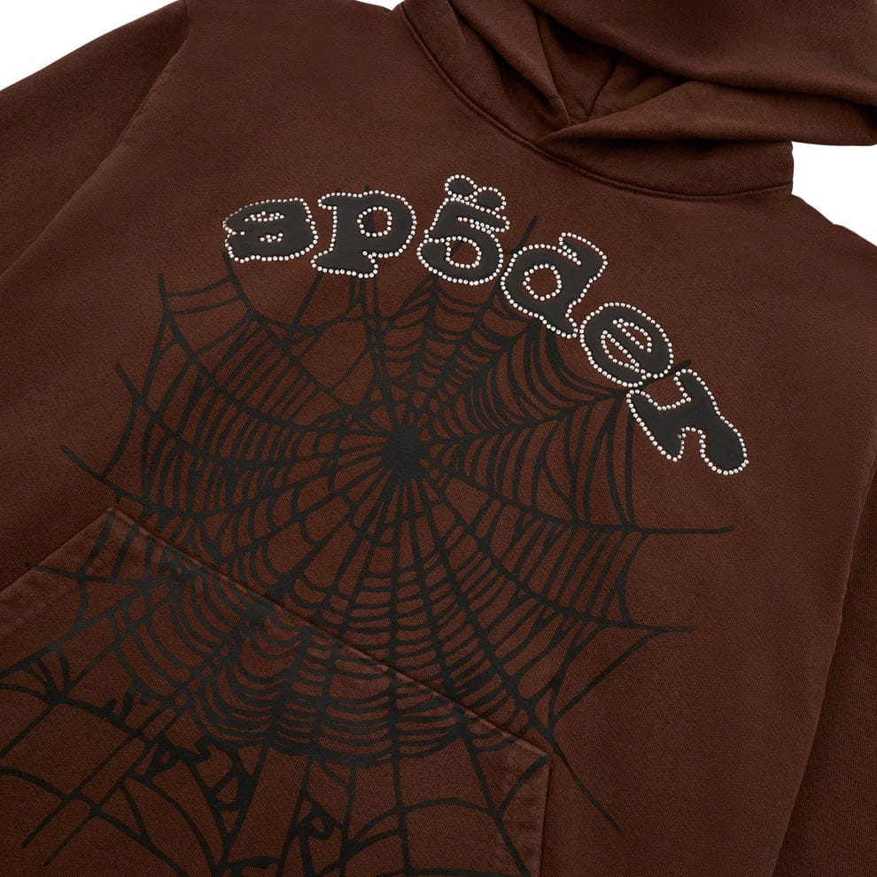 The Sp5der Web Hoodie – Mocha Brown 440GSM Heavyweight Streetwear Pullover features a large black spiderweb graphic and "sp5der" in stylized white dotted lettering above the web on heavyweight fleece.