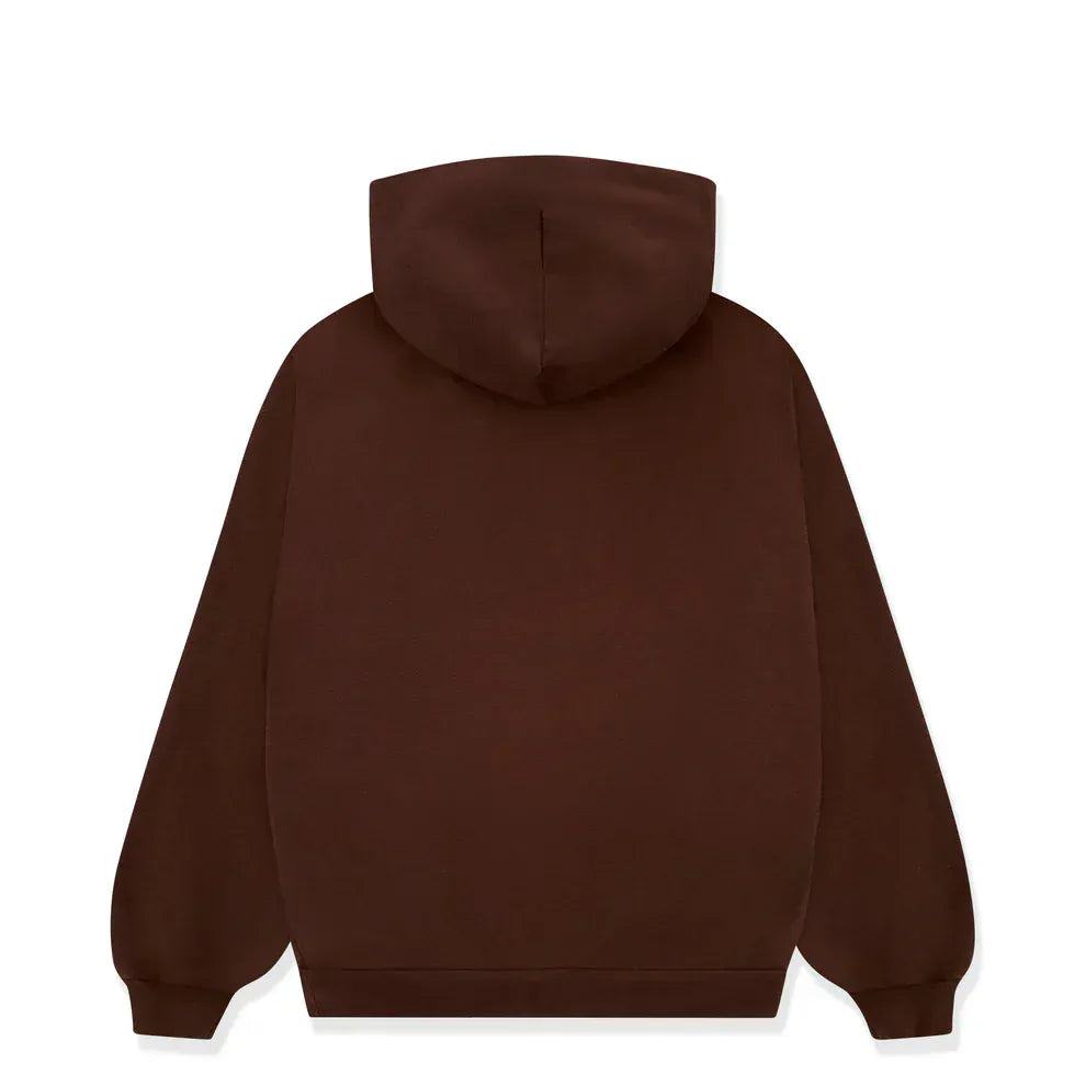 The Sp5der Web Hoodie – Mocha Brown is a heavyweight (440GSM) streetwear pullover with long sleeves and a relaxed fit, shown from the back and laying flat on a white background, perfect for comfort and warmth in everyday wear.