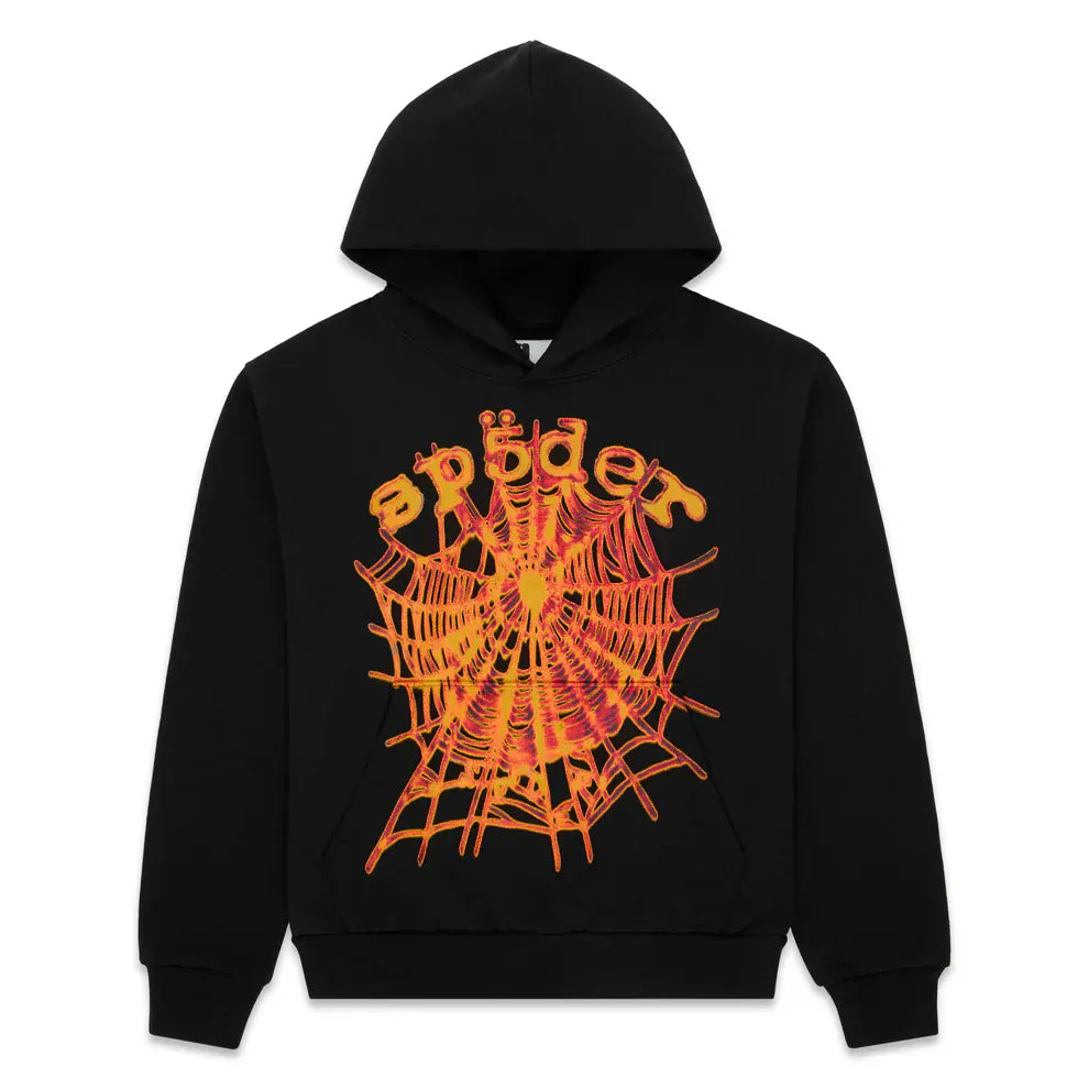 The Sp5der Web Graphic Hoodie – Black & Orange 440GSM Heavyweight Streetwear features a bold orange spider web graphic with "spider" in stylized letters above it on the front—perfect for streetwear lovers.