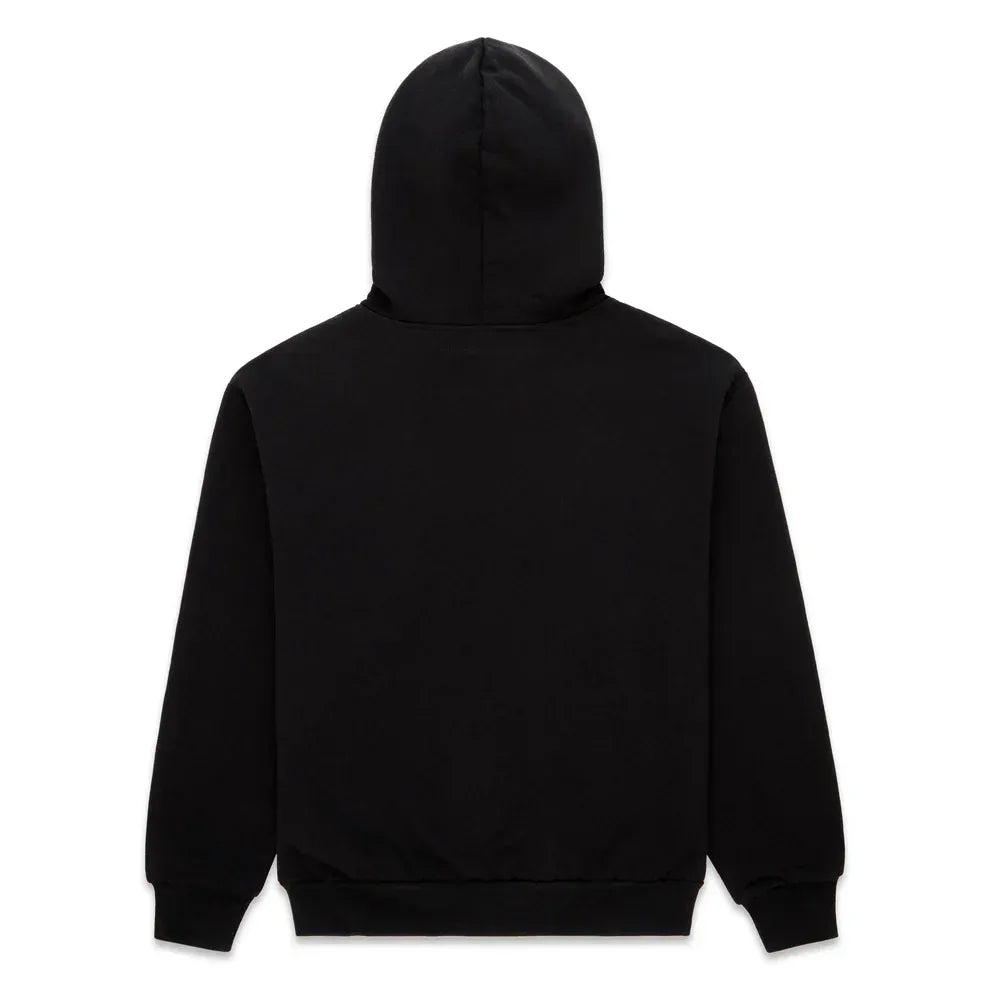 Back view of the Sp5der Web Graphic Hoodie – Black & Orange 440GSM Heavyweight Streetwear, showing a plain black design with long sleeves, ribbed cuffs and hem—styled like the original but without the orange spider web graphic.