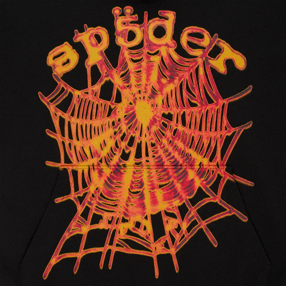 A black background with an orange spider web and "spider" in distorted yellow text inspires the Sp5der Web Graphic Hoodie – Black & Orange 440GSM Heavyweight Streetwear, ideal for standout hoodie designs.
