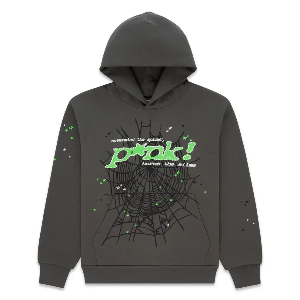 The Sp5der “P!nk! Hares the Slime” Hoodie is an olive green, 440GSM heavyweight cotton fleece pullover with a spider-web front graphic, green and white "prblm" and "bored the allies" text, and star accents for a streetwear look.
