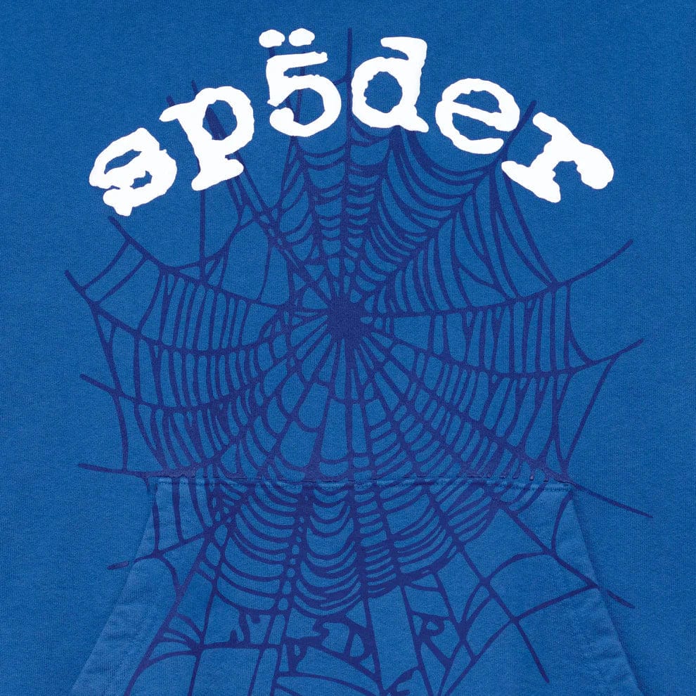 Featuring a large dark blue spiderweb graphic and "əp5der" in white text, the Sp5der OG Web Hoodie 440GSM is a standout royal blue heavyweight sweatshirt ideal for streetwear.