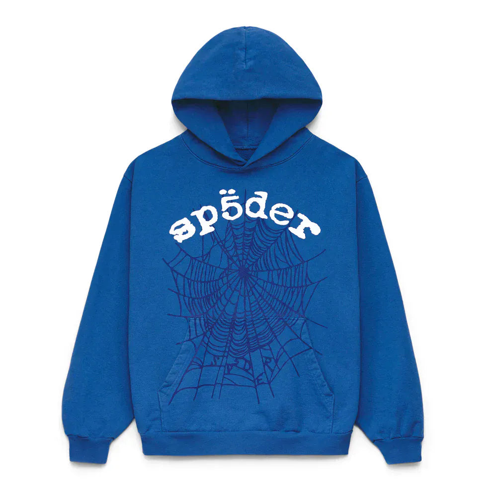 The Sp5der OG Web Hoodie 440GSM is a royal blue heavyweight cotton fleece sweatshirt featuring a bold black spiderweb graphic and signature white Sp5der text across the chest, inspired by the original OG Web Hoodie design.