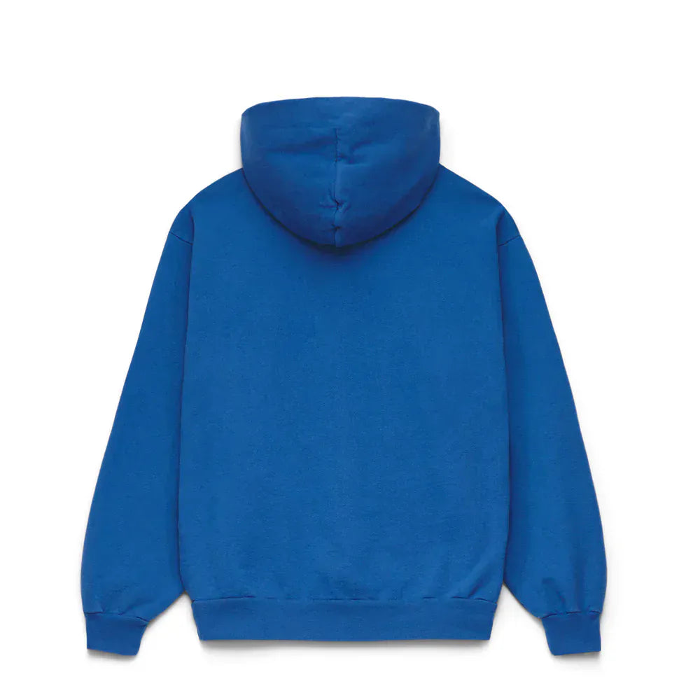 The Sp5der OG Web Hoodie 440GSM in royal blue is a heavyweight cotton fleece streetwear sweatshirt with a hood, long sleeves, ribbed cuffs and hem, and bold spider-web graphics shown from the back for comfort and style.