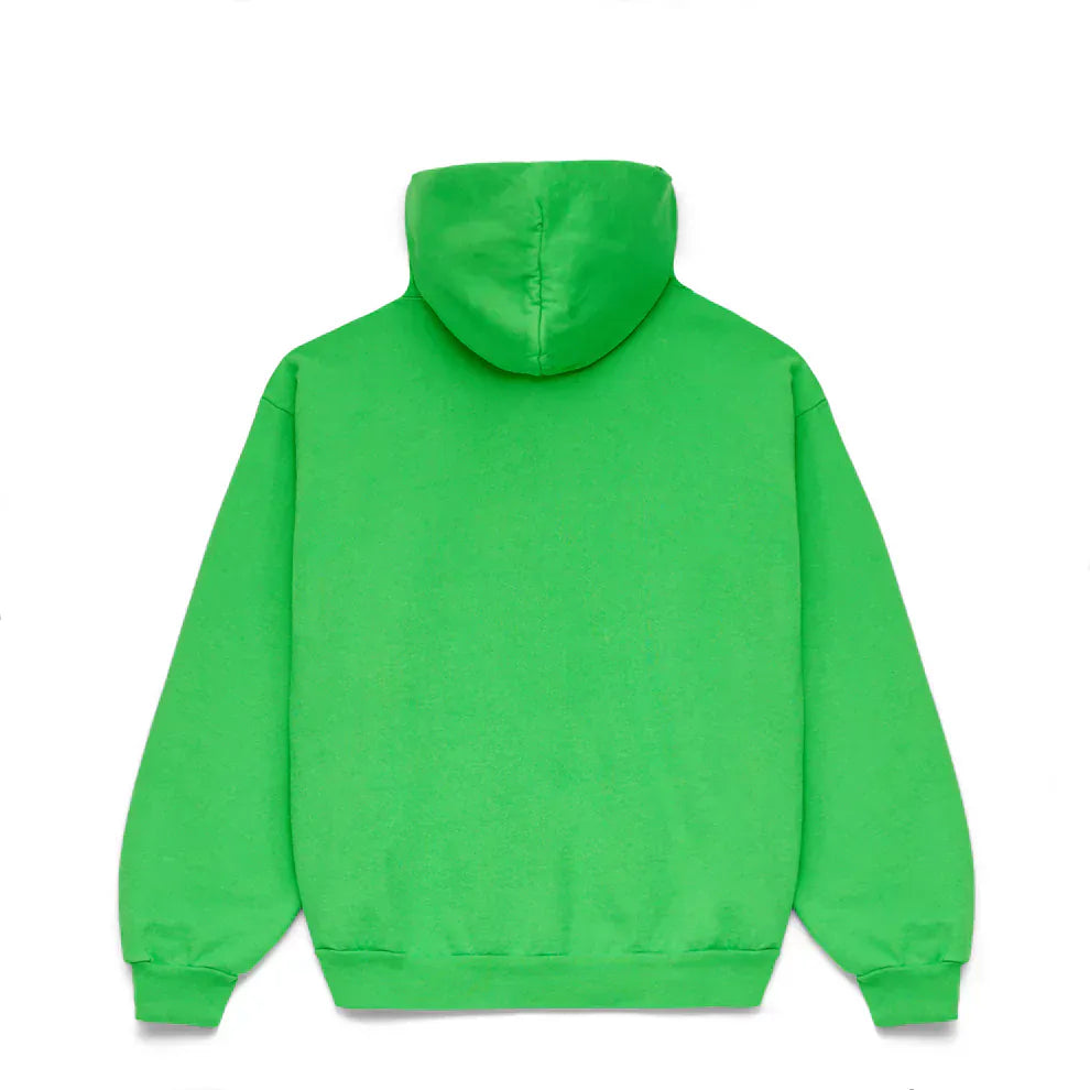 The Sp5der “Web Core” Hoodie in neon green is a 440GSM heavyweight, oversized streetwear pullover, shown from the back against a white background.