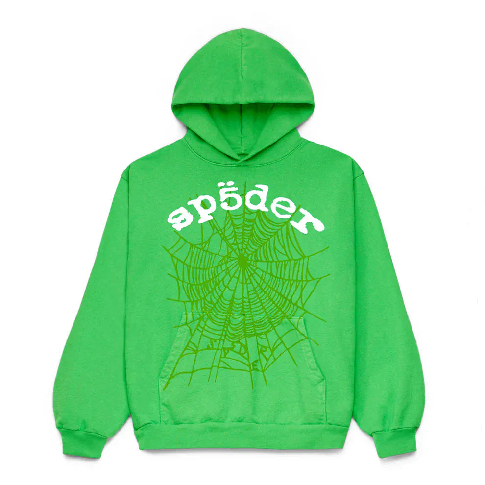 The Sp5der “Web Core” Hoodie is a neon green, 440GSM heavyweight oversized pullover with a bold spider web graphic and stylized “Sp5der” text, perfect for standout streetwear style.