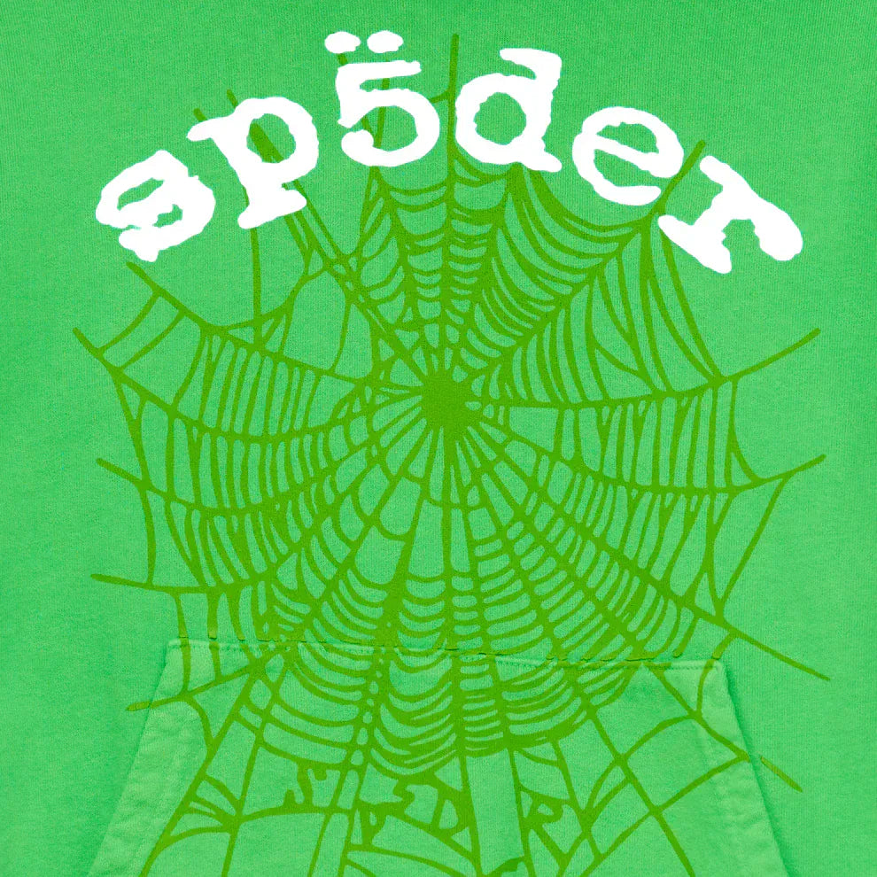 The Sp5der “Web Core” Hoodie in neon green is a 440GSM heavyweight oversized streetwear pullover, featuring a light green spiderweb graphic and bold white "əp5dəɹ" text above the web.