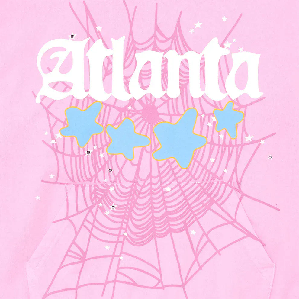 Featuring a white Atlanta text with spider web, blue stars edged in yellow, and small white stars on pink, the Sp5der Atlanta Hoodie – Pink 440GSM Heavyweight Y2K Streetwear Pullover is perfect for bold street style.