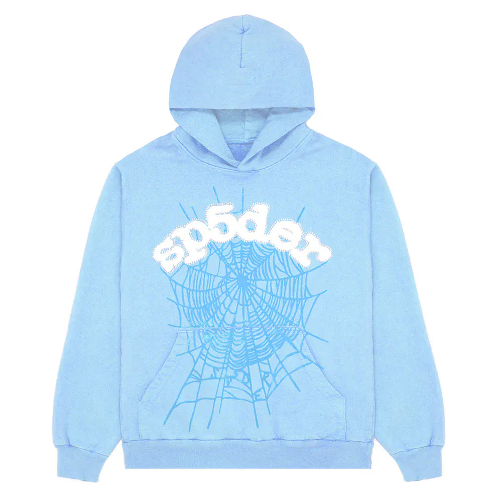 The Sp5der Hoodie – Sky Blue 440GSM features a heavyweight build with a chenille logo and bold spider-web graphic—an essential streetwear pullover for standout style.