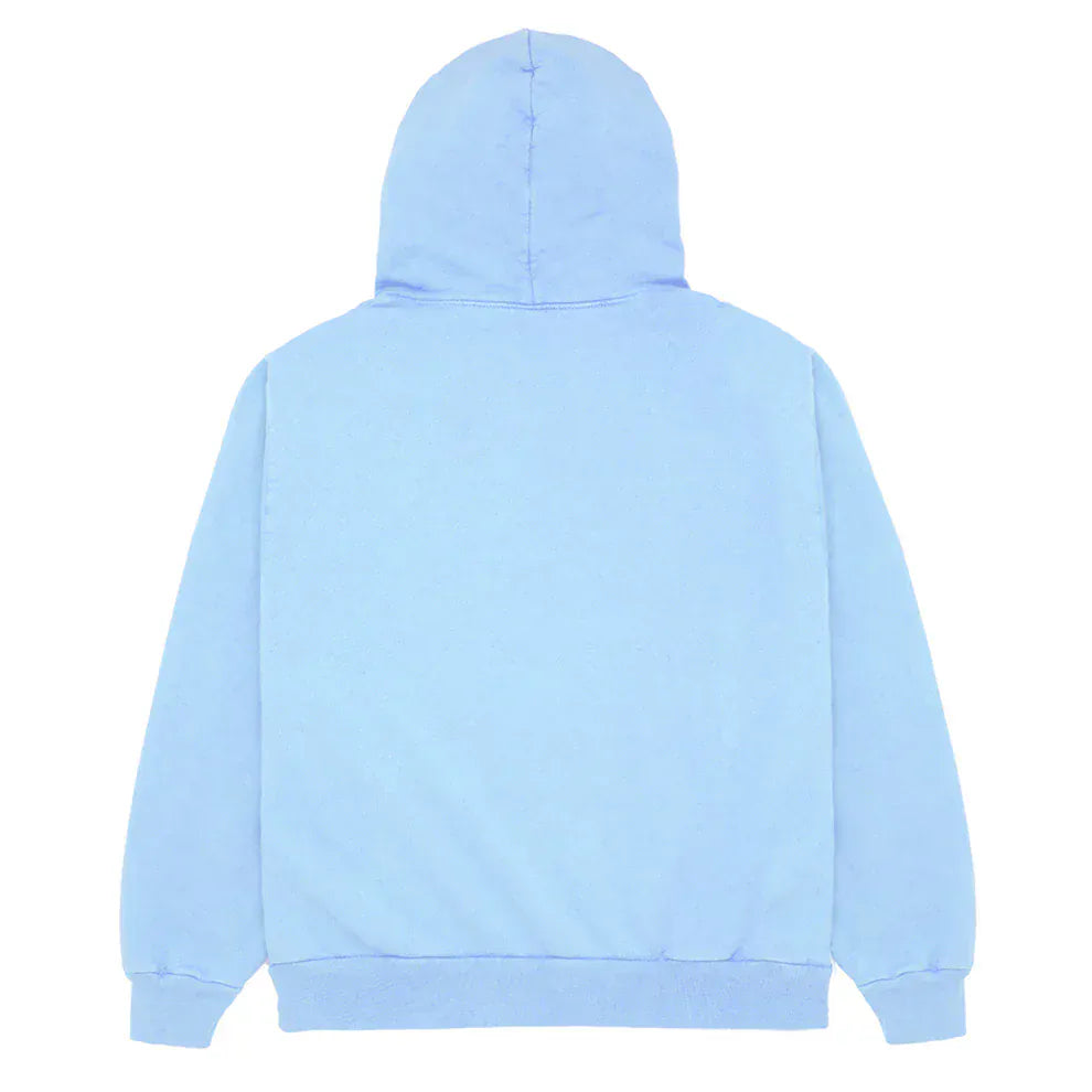 The Sp5der Hoodie – Sky Blue 440GSM Heavyweight Chenille Logo Spider-Web Streetwear Pullover features a light blue design, displayed flat from the back with hood up and sleeves extended, crafted from heavyweight cotton fleece for comfort.