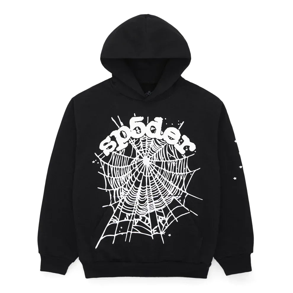 The Sp5der "Webcore Noir" Hoodie is a black & white 440GSM heavyweight oversized streetwear pullover, featuring bold web graphics and "sp5der" across the chest—perfect for elevating your street style.
