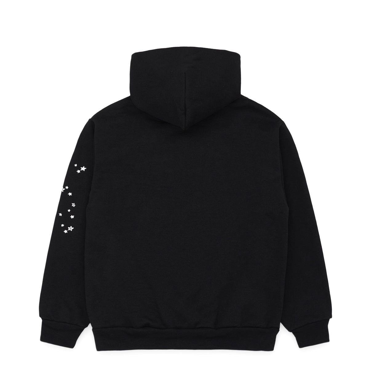 The Sp5der “Webcore Noir” Hoodie – Black & White 440GSM Heavyweight Oversized Pullover features a black design with white star accents on the right sleeve, shown from the back—ideal for elevated streetwear style.