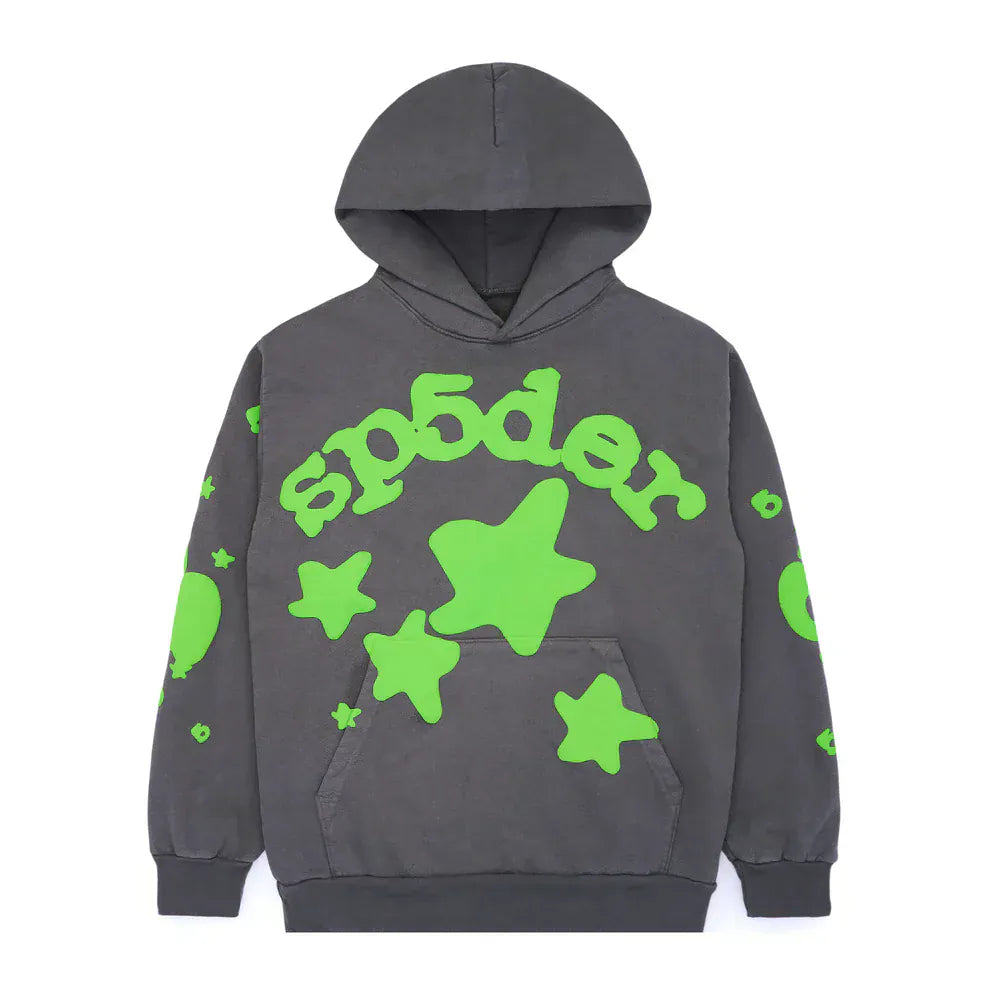 The Sp5der 440GSM Heavyweight Hoodie – Grey & Neon Green Star Graphic Oversized Sweatshirt features dark gray fleece, neon green Sp5der text, and star graphics on the front and sleeves—perfect for standout streetwear style.