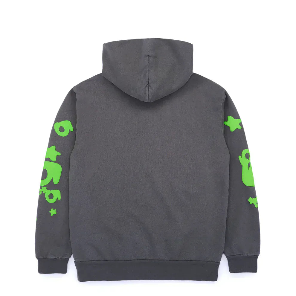 The Sp5der 440GSM Heavyweight Hoodie in grey features neon green star graphics on both sleeves, crafted from premium fleece for an oversized streetwear look.