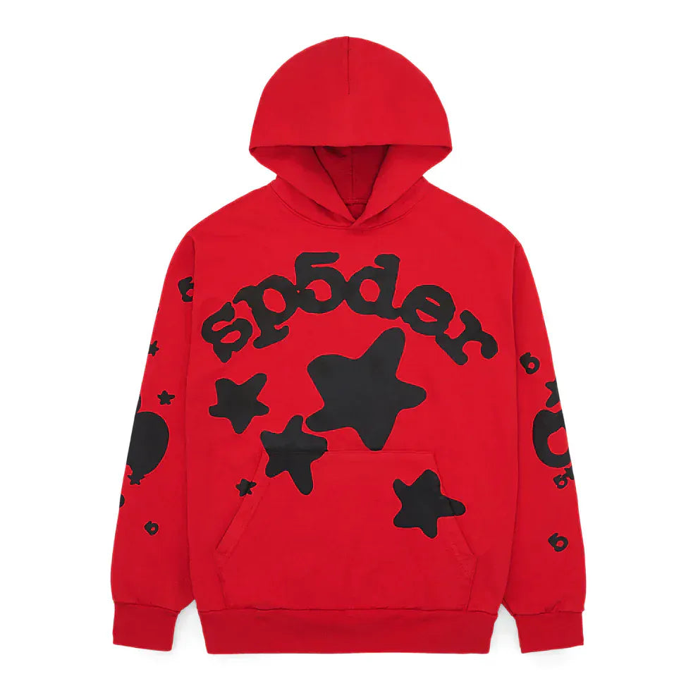 The Sp5der “Starfire” Hoodie – Red & Black is a 440GSM heavyweight oversized streetwear pullover with black star accents and "sp5der" text on the front and sleeves.