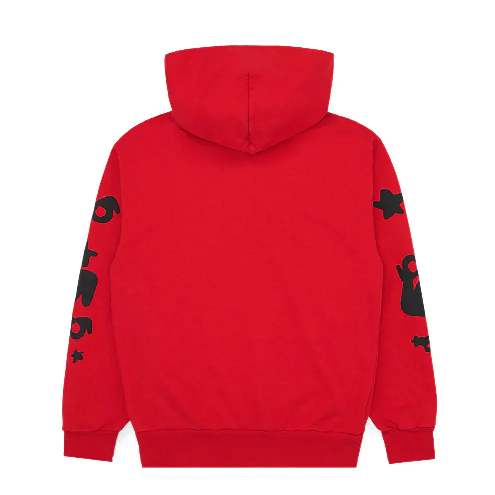 The Sp5der "Starfire" Hoodie – Red & Black 440GSM Heavyweight Oversized Streetwear Pullover features bold black graphic designs with abstract shapes and characters on both sleeves, while the back remains plain.