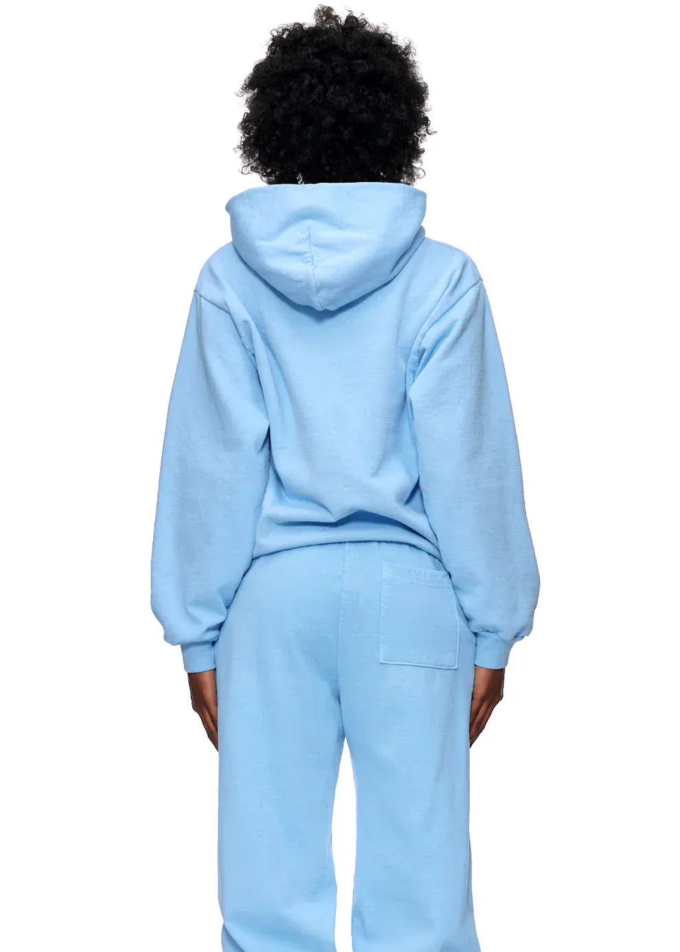 Person wearing the Sp5der Hoodie – Sky Blue 440GSM Heavyweight Chenille Logo Spider-Web Streetwear Pullover with matching sweatpants, shown from the back against a white background for a classic streetwear look.