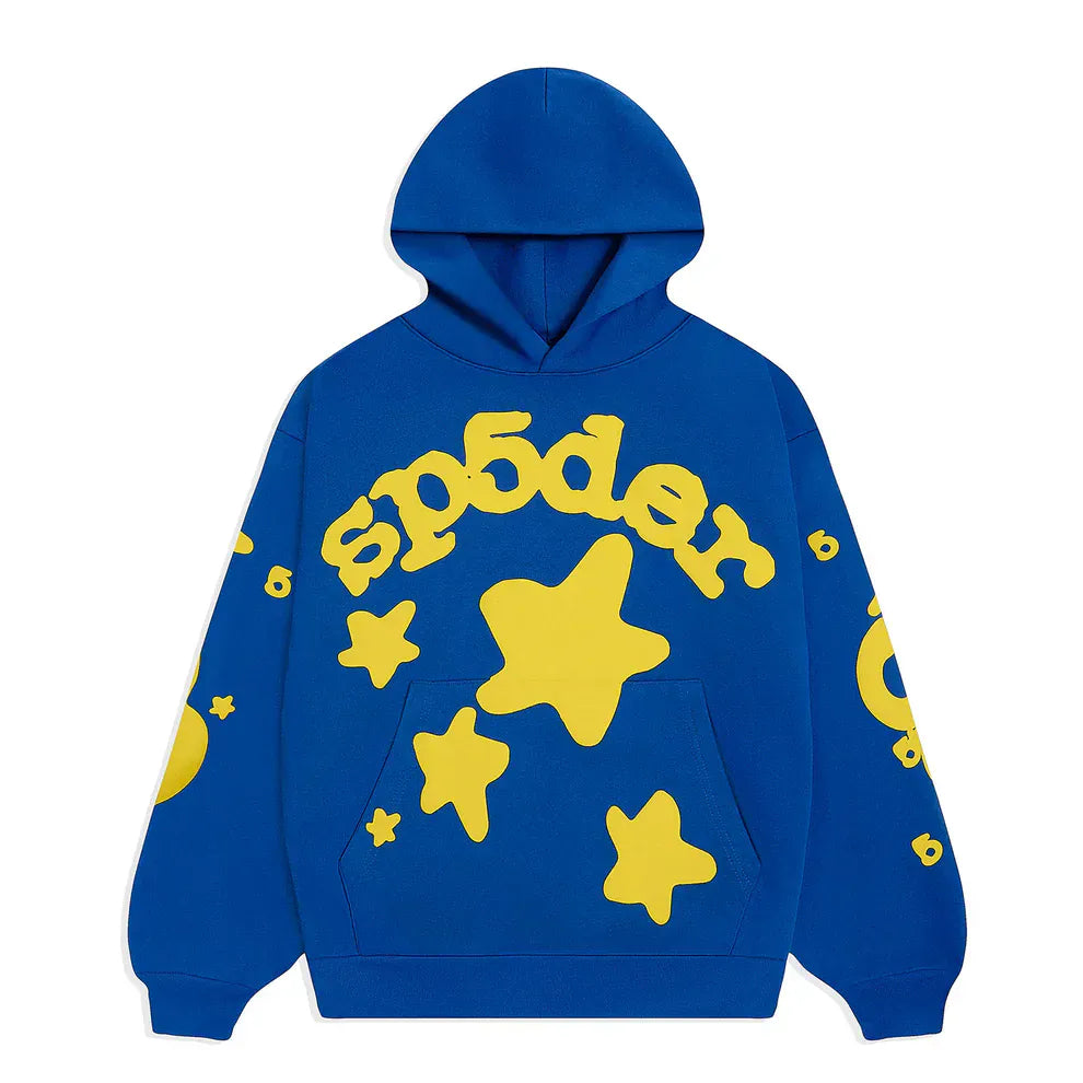 The Sp5der 440GSM Heavyweight Hoodie in royal blue features yellow star 3D puff prints and bold Sp5der text, plus yellow accents on the sleeves and pocket—perfect for Y2K streetwear style.