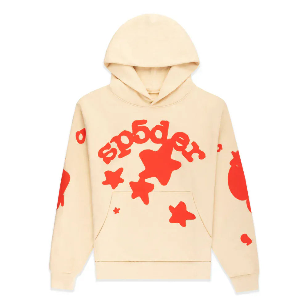 The Sp5der 440GSM Heavyweight Star Hoodie in cream is an oversized streetwear pullover with red puff print star graphics and “sp5der” text on the chest, crafted from durable cotton fleece and finished with a practical front pocket.