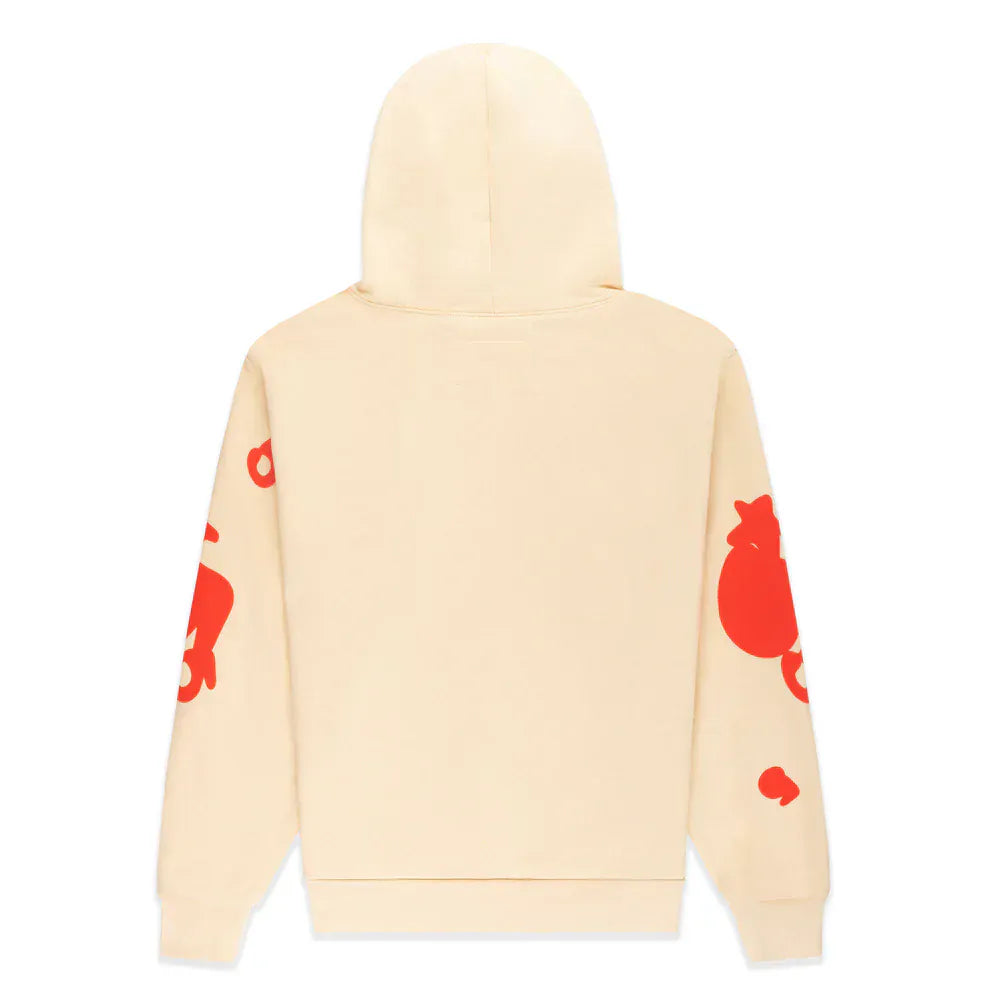 The Sp5der 440GSM Heavyweight Star Hoodie in cream features bold red puff print graphics on the sleeves and back. This oversized streetwear pullover is perfect for fans seeking premium comfort and standout style.