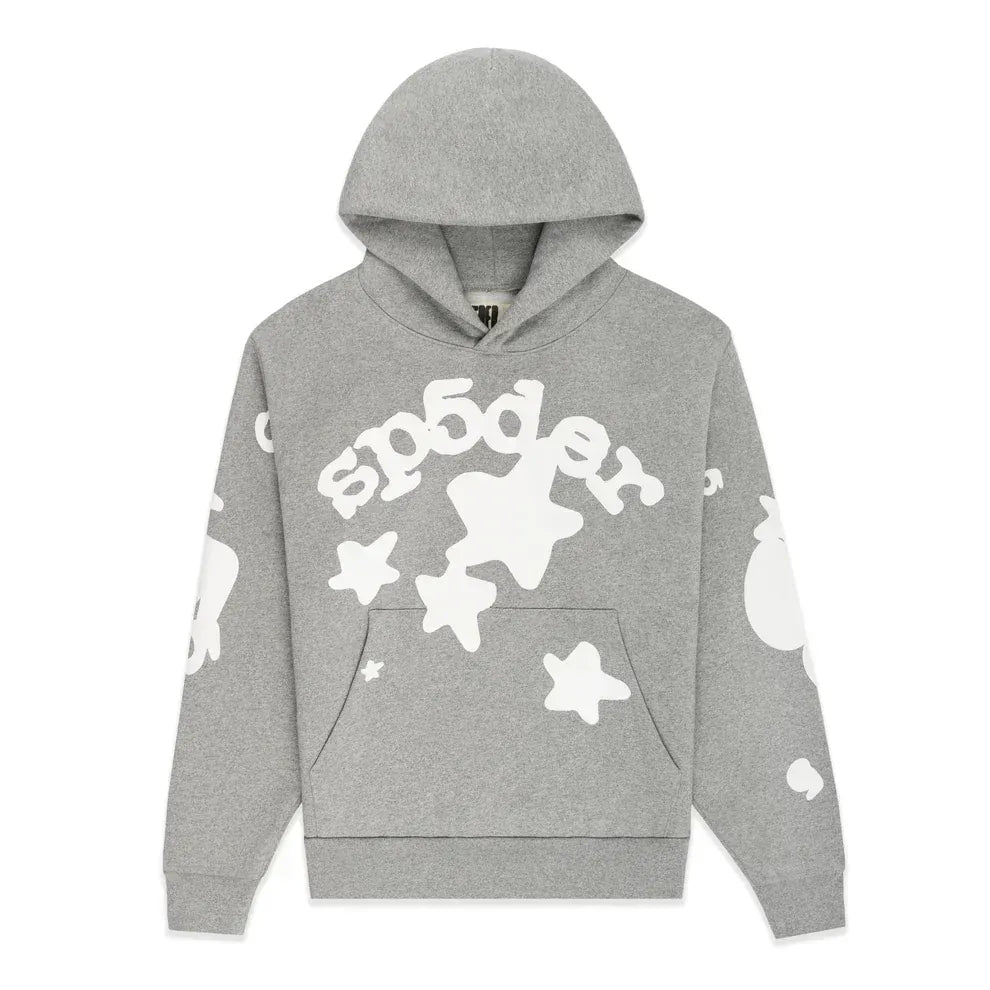 The Sp5der Stars Hoodie – Grey 440GSM Heavyweight Streetwear Pullover features a front pocket, large white star designs, and bold Sp5der lettering on the chest for an iconic look, all crafted from premium cotton fleece.