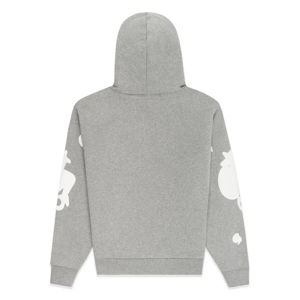 The Sp5der Stars Hoodie – Grey is a 440GSM heavyweight streetwear pullover, shown from the back with white abstract graphic designs on the sleeves and crafted from premium cotton fleece.