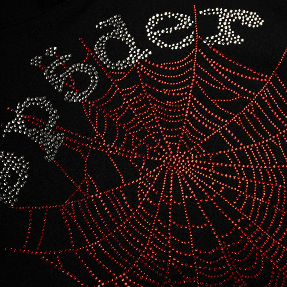 The Sp5der Rhinestone Web Hoodie – Black 440GSM Heavyweight Oversized Streetwear Pullover features "spider" in rhinestones above a large red rhinestone spiderweb on black, inspired by luxury streetwear design.
