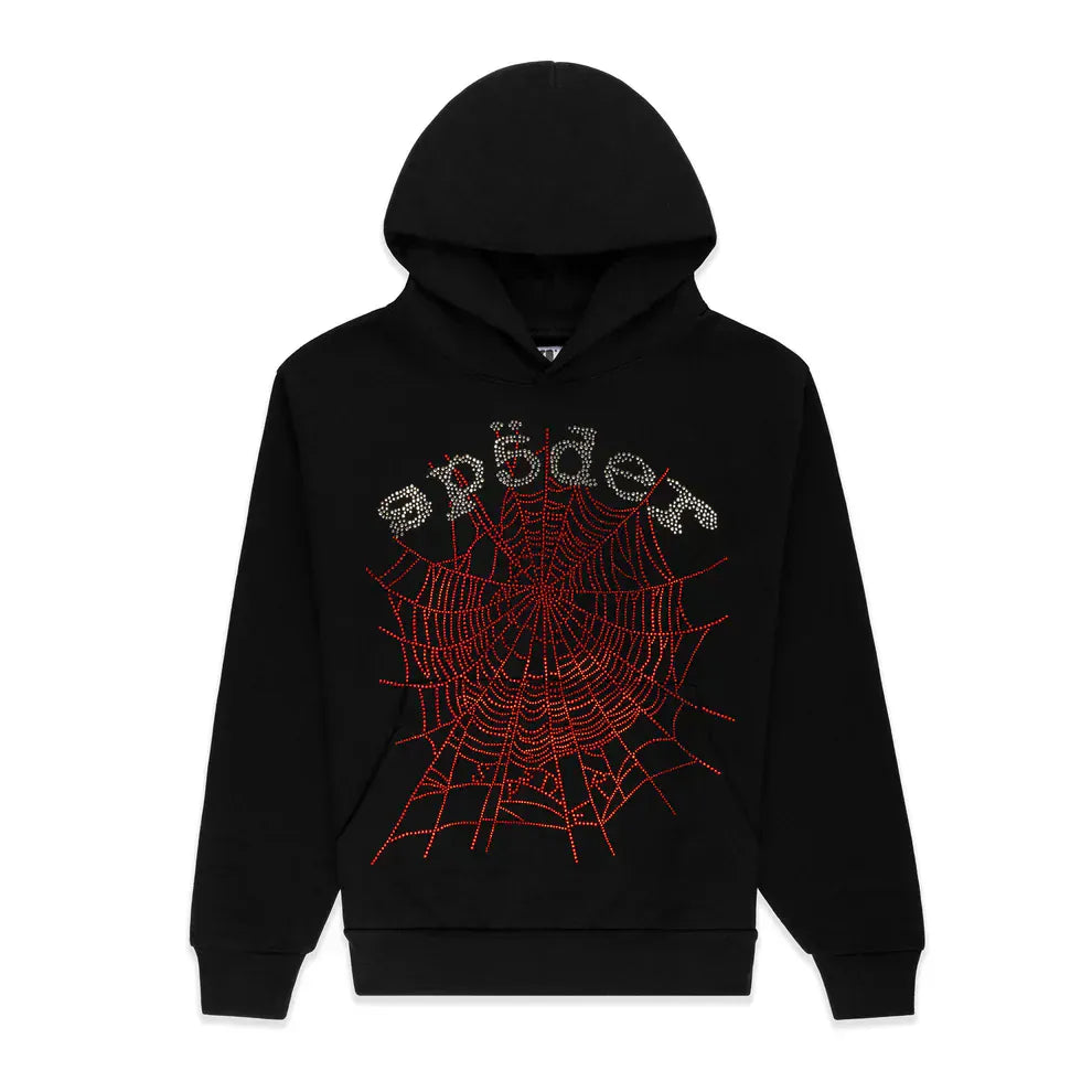 The Sp5der Rhinestone Web Hoodie – Black 440GSM is a heavyweight oversized pullover streetwear piece, showcasing a red rhinestone spider web with "spider" above it—ideal for fans of bold, luxury fashion statements.