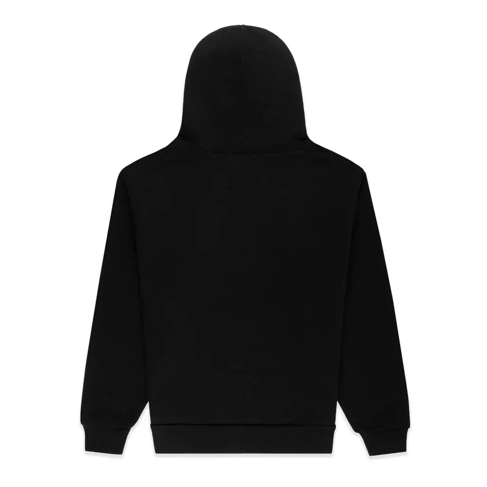 The Sp5der Rhinestone Web Hoodie in black is a 440GSM heavyweight oversized streetwear pullover, shown from the back with long sleeves and a hood, offering minimalist style with no visible design or logo.