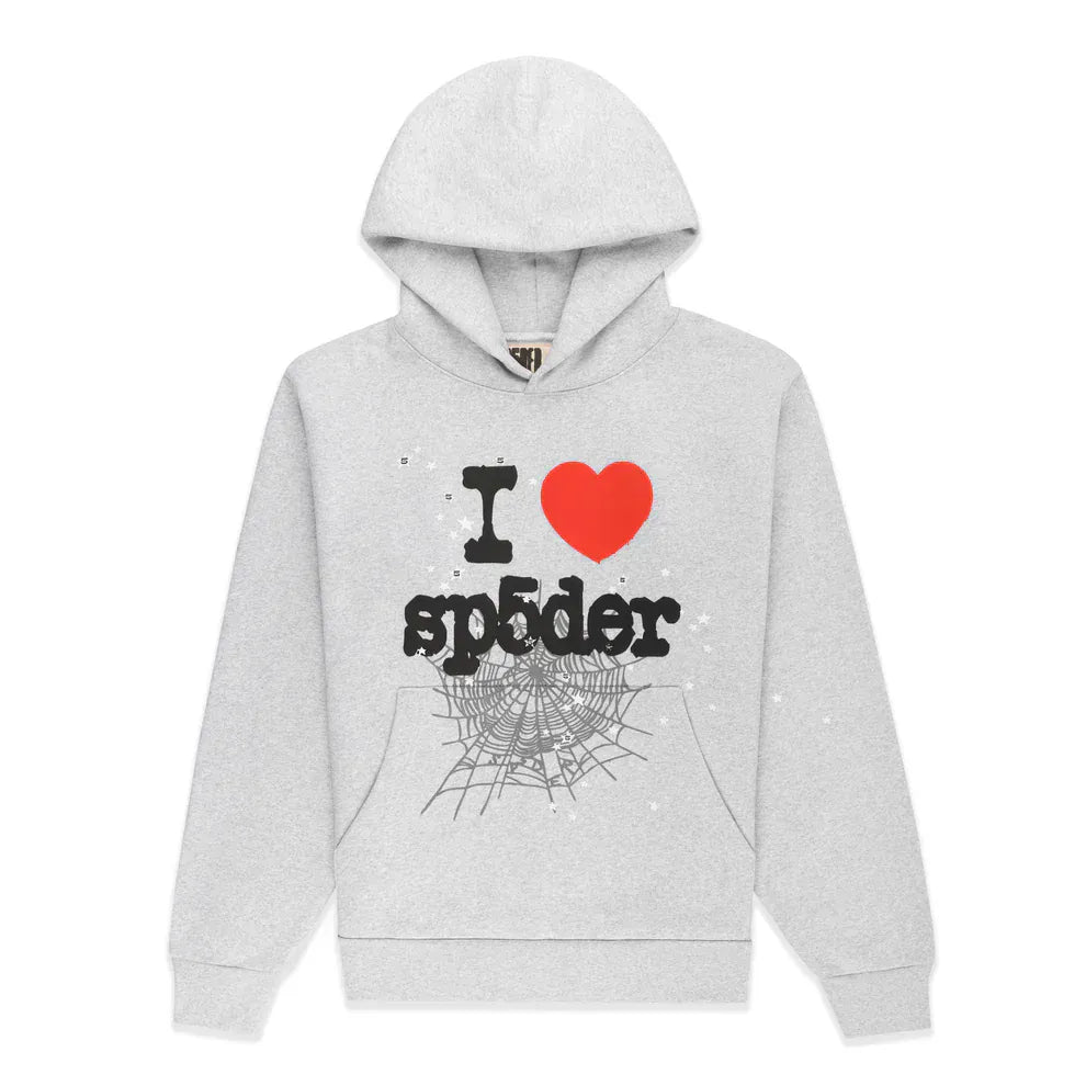 The Sp5der “I Love Sp5der” Hoodie in grey is a 440GSM heavyweight oversized streetwear pullover, featuring "I ❤️ SP5DER" with a red heart and black spider web graphic on heavyweight cotton fleece.