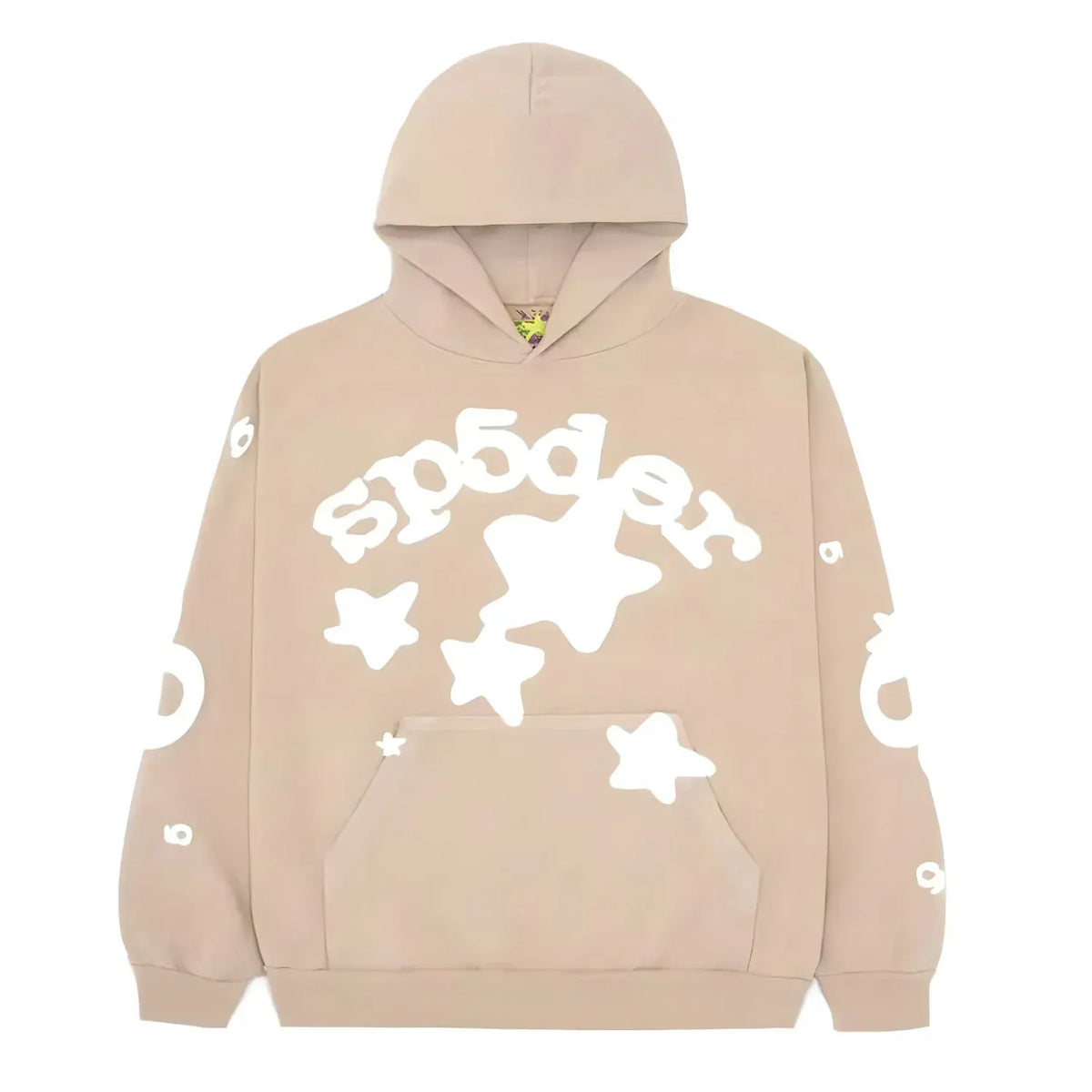 The Sp5der Star Hoodie – Brown & White 440GSM Heavyweight Oversized Streetwear Pullover features a hood, front pocket, and bold white star graphics on the front and sleeves—a must-have for streetwear enthusiasts.