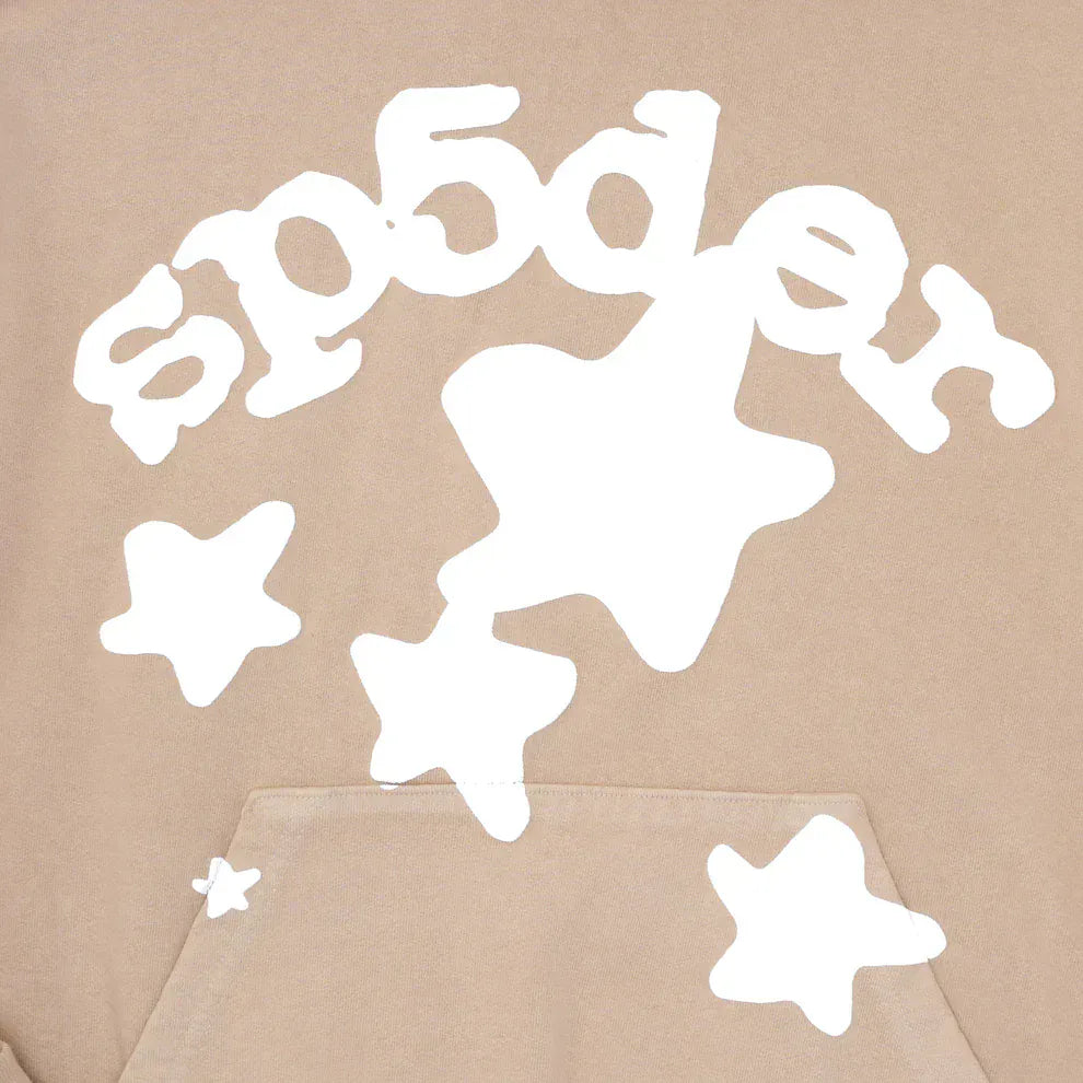 The Sp5der Star Hoodie – Brown & White 440GSM is a heavyweight oversized streetwear pullover with bold white "sp5der" text and star graphics, perfect for making a statement.
