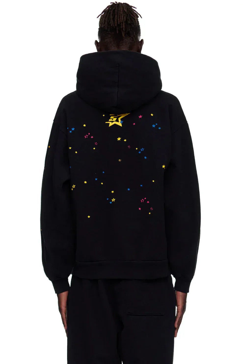 Person wearing a Sp5der “Hares the Slime” Hoodie – Black, a 440GSM heavyweight cotton pullover with spider-web streetwear design, shown from behind.