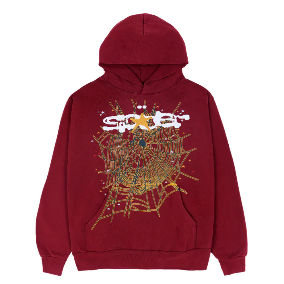 The Burgundy Sp5der Hoodie with Spider Web Print is a 440GSM heavyweight comfort fit pullover featuring a bold gold spider web graphic and white stylized text across the chest.