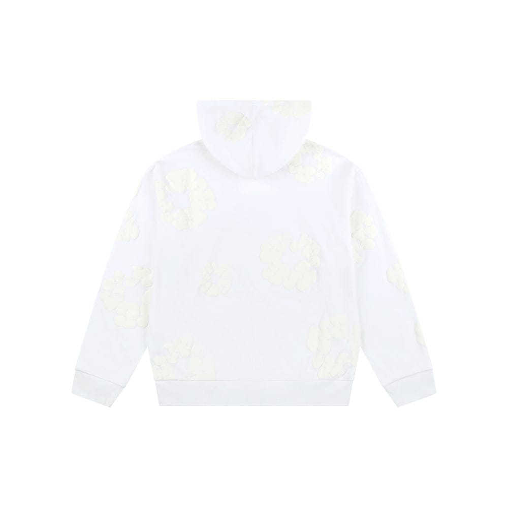 The White Monochrome “Cotton Wreath” Denim Tears Hoodie—shown from the back against a plain white background—is a minimal streetwear sweatshirt perfect for fans of subtle, refined urban style.