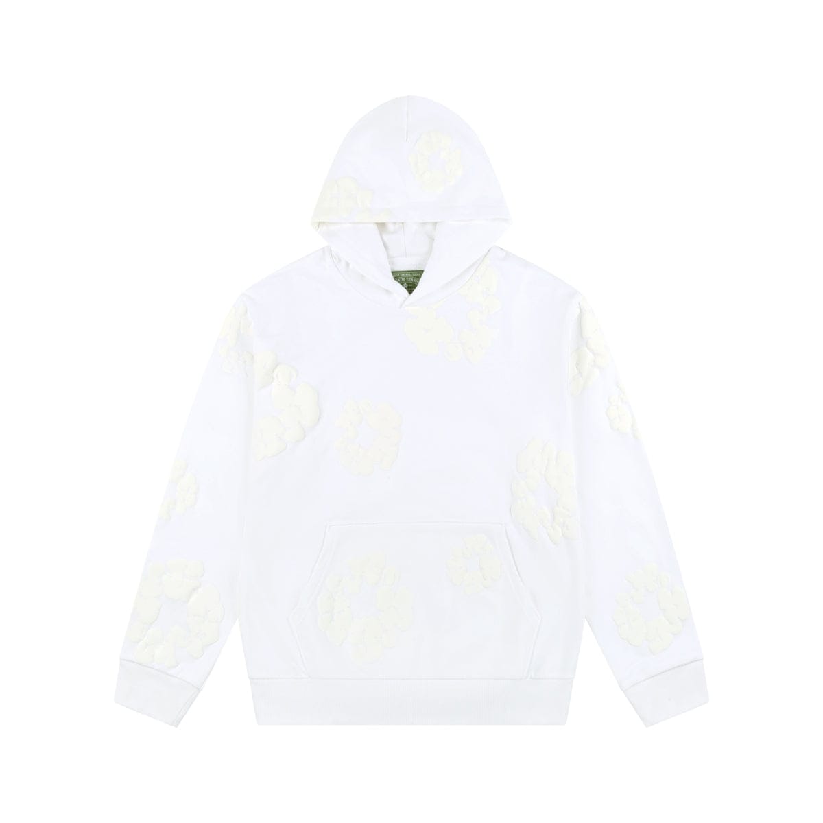 The White Monochrome “Cotton Wreath” Denim Tears Hoodie is a minimal streetwear sweatshirt featuring a front pocket and subtle light yellow cloud-like patterns, ideal for monochrome fashion fans.