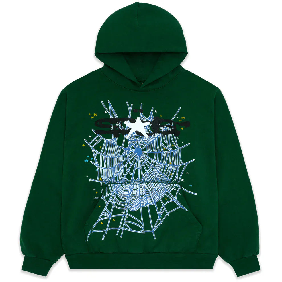 The Dark Green Graphic Hoodie with Spider Web Print is a comfort fit pullover featuring a bold spider web graphic, white spider, and colorful stars—perfect for standout streetwear and everyday wear.