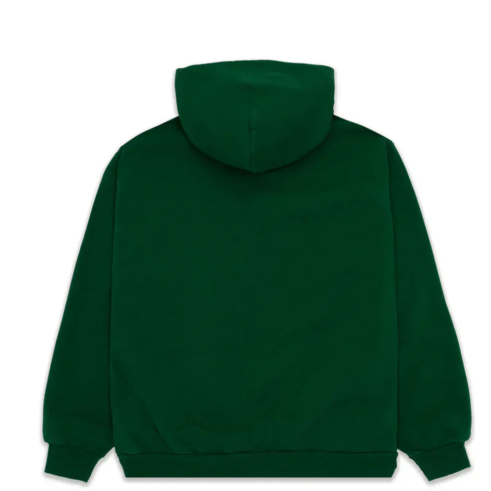 A Dark Green Graphic Hoodie with Spider Web Print, shown from the back with long sleeves. This comfort fit pullover is perfect for everyday wear and adds a subtle streetwear vibe to any minimalist wardrobe.