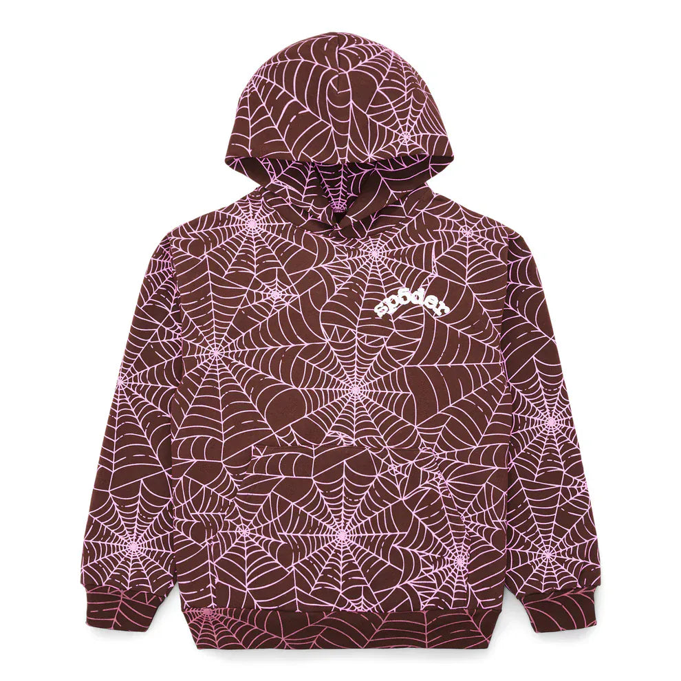 The Brown All-Over Spider Web Graphic Hoodie is a comfort fit pullover featuring an all-over pink spider web print and a small white logo on the left chest.