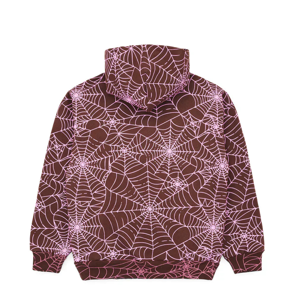 The Brown All-Over Spider Web Graphic Hoodie is a comfort-fit pullover in brown, featuring a light pink spider web print displayed flat with the back and hood visible.