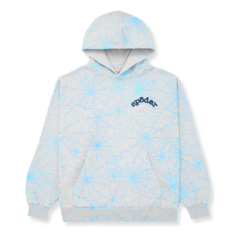 The Light Grey All-Over Spider Web Graphic Hoodie is a comfort fit pullover with blue spiderweb patterns, a front pouch pocket, and the sp5der logo in dark blue on the left chest—ideal for fans of stylish graphic hoodies.