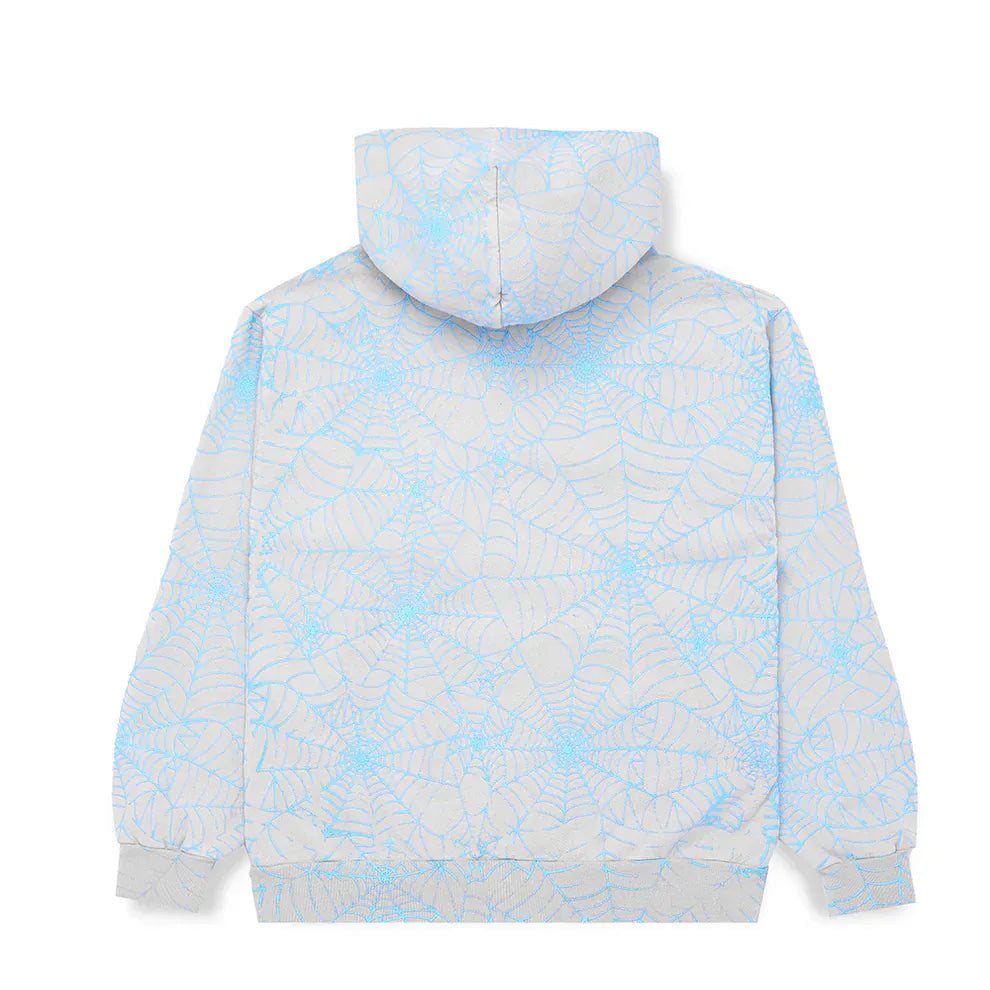 The Light Grey All-Over Spider Web Graphic Hoodie is a comfort fit pullover hoodie featuring a pale blue spider web print on the back, sleeves, and hood—perfect for giving your casual style a cool twist.
