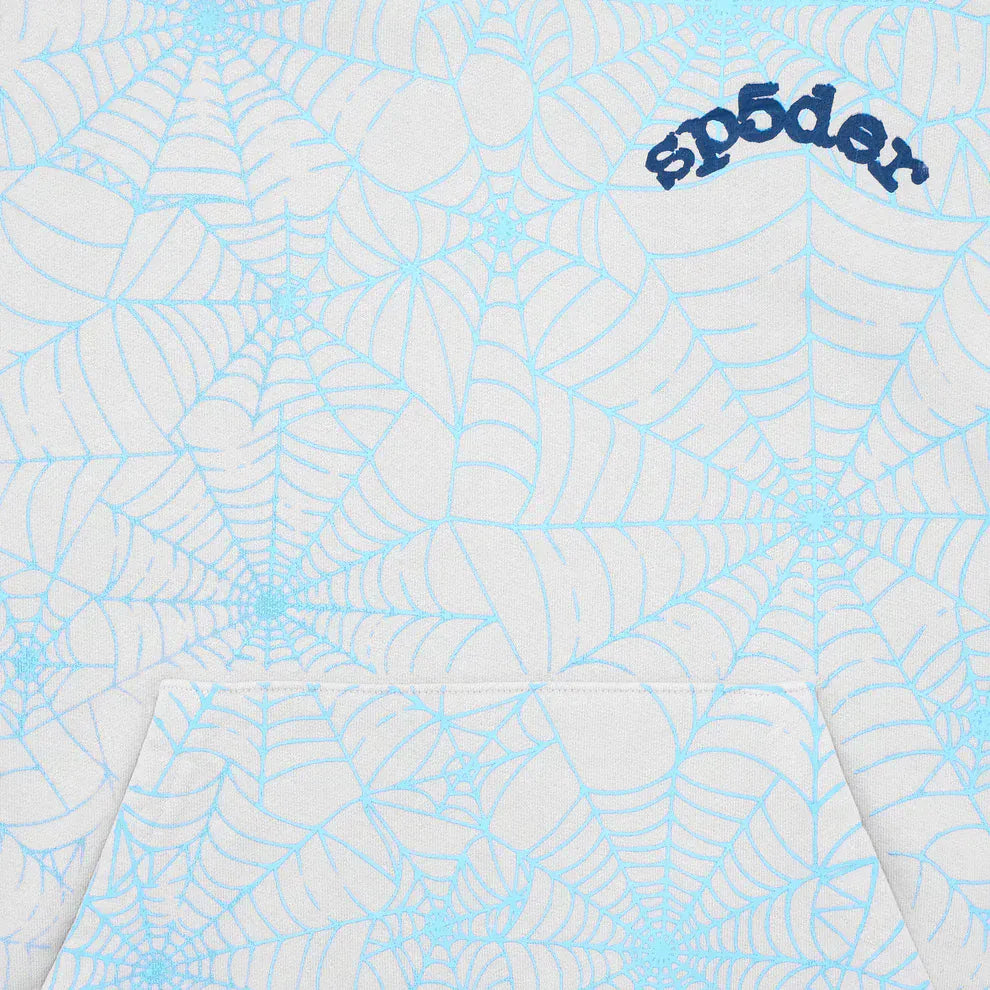 The Light Grey All-Over Spider Web Graphic Hoodie is a comfort fit pullover featuring a blue spider web design, a small navy sp5der logo at the upper right, and a visible bottom pocket.