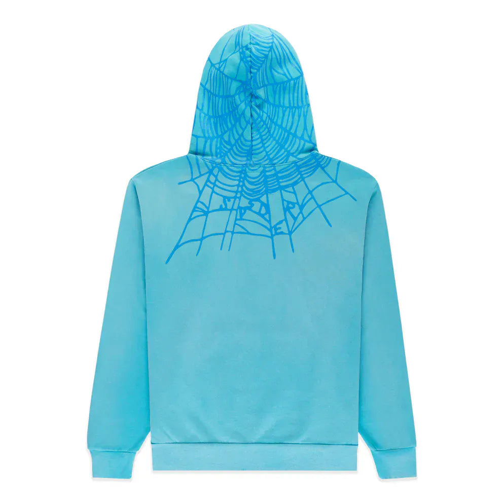 The Turquoise Graphic Hoodie with Star Detail features a comfort fit and bold spider web print in dark blue on the back and hood.