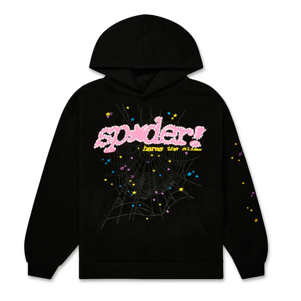 The Sp5der “Hares the Slime” Hoodie in black is a 440GSM heavyweight streetwear pullover featuring a spider-web graphic with multicolored stars, “spider!” in pink bubble letters, and “bass trap 21.12” in yellow.