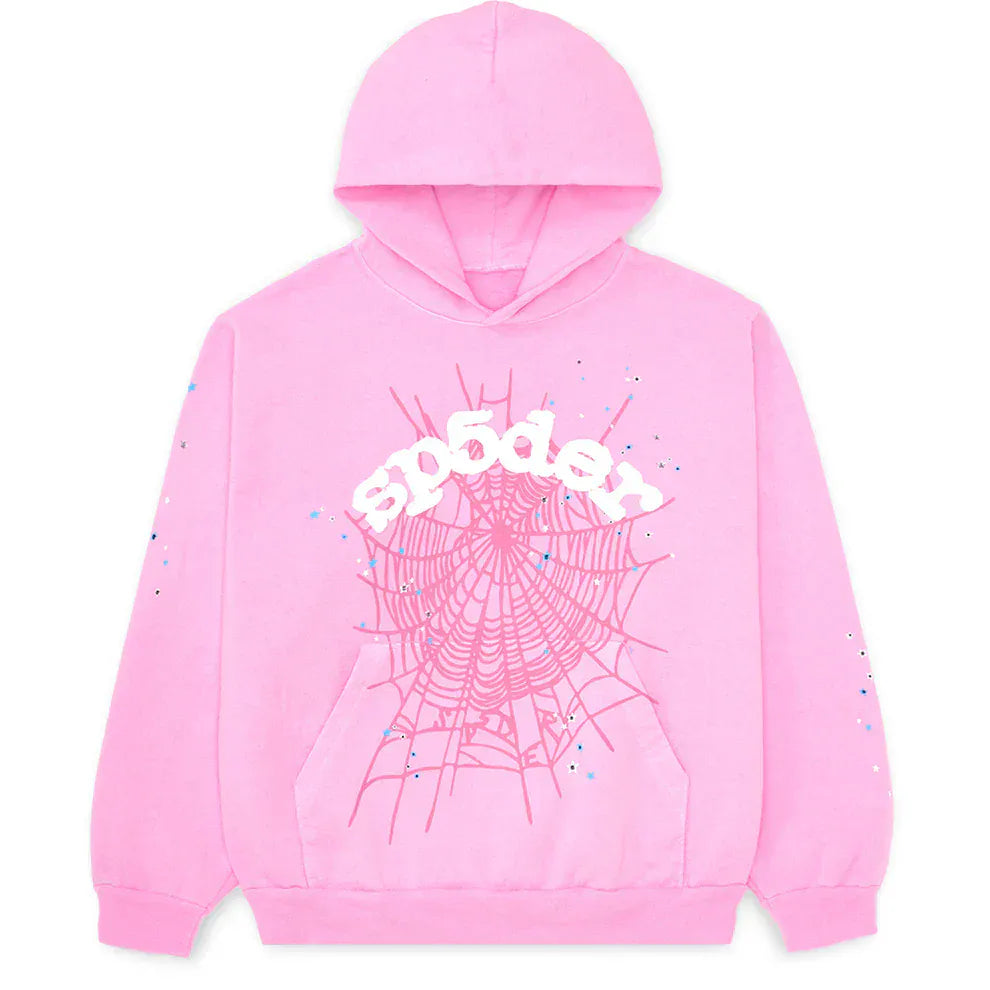 Stay stylish in the Pink Graphic Hoodie with Spider Web Print—a comfort fit pullover featuring a bold silver web and "sp5der" graphic, hood, and long sleeves. Perfect for standout streetwear looks.