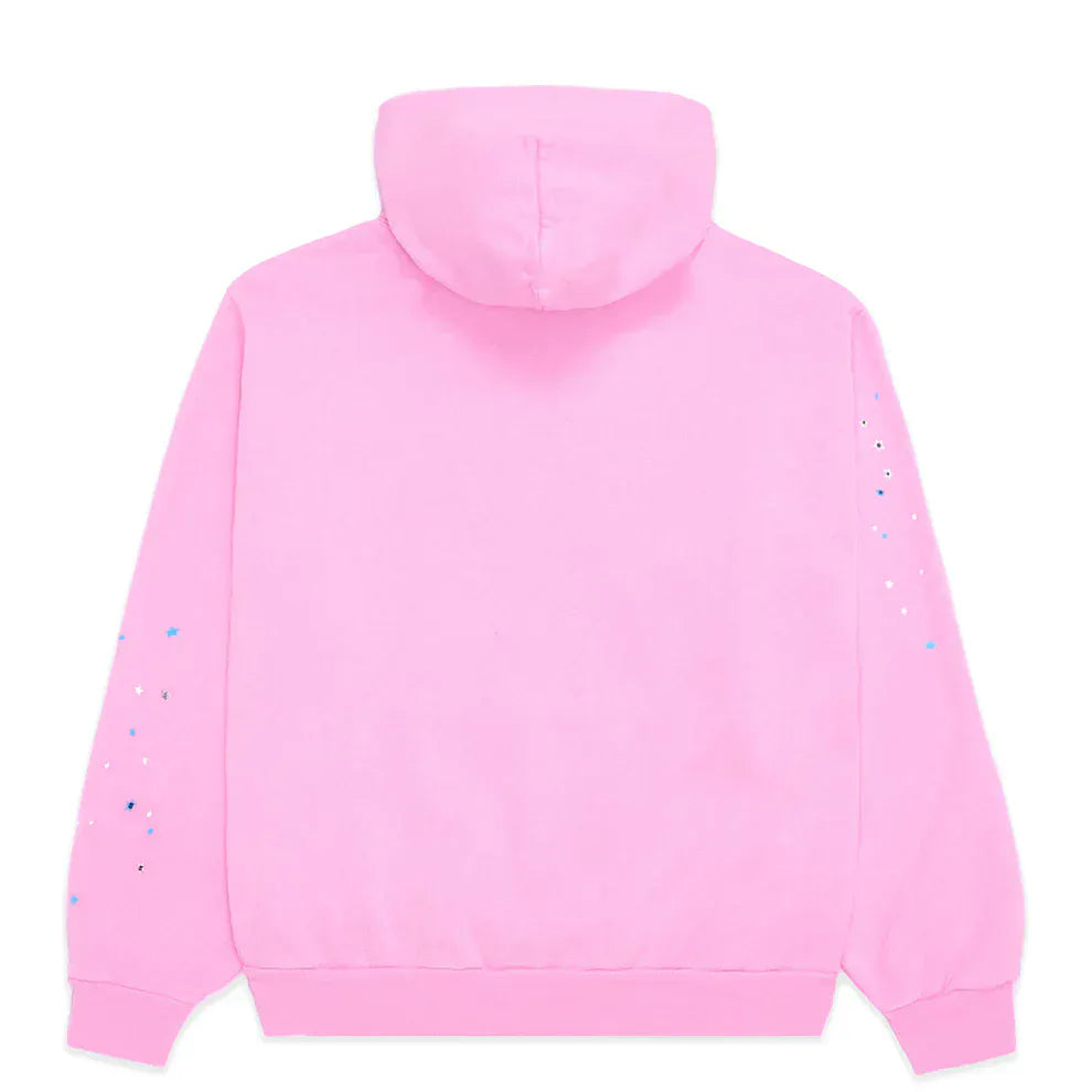 The Pink Graphic Hoodie with Spider Web Print is a comfort fit pullover hoodie shown from the back, featuring small colorful sleeve embellishments for a playful streetwear vibe.